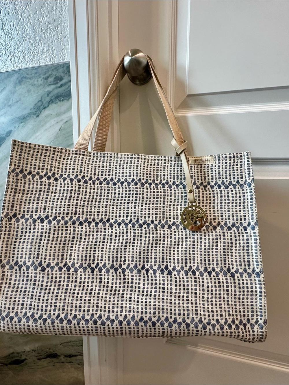 Spartina 449 Navy and Cream Woven Tote with Gold Charm